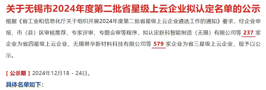 關(guān)于無錫市2024年度第二批省星級上云企業(yè)擬認(rèn)定名單的公示